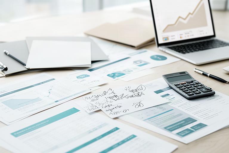 Uzņēmēja darba galds ar finanšu pārskatiem, piezīmēm un izaugsmes diagrammu gaišā birojā