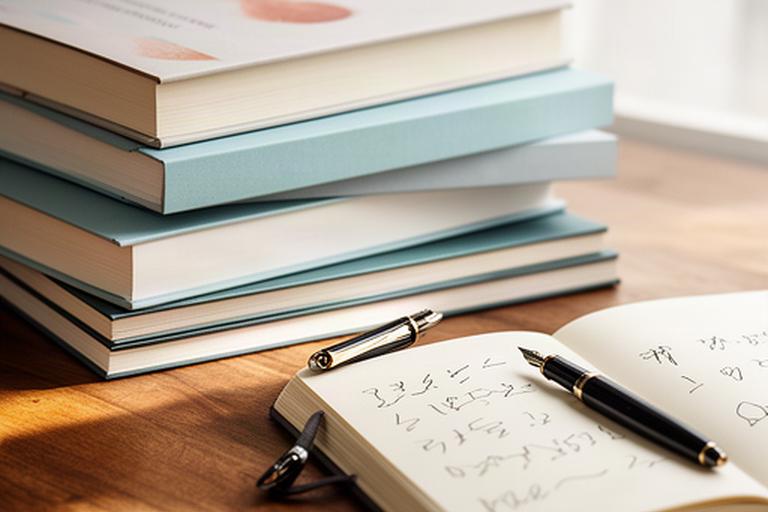 Finanšu grāmatu kaudze uz koka galda ar pildspalvu un pierakstiem