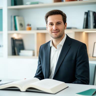 Investīciju literatūras konsultants darba telpā ar atvērtu grāmatu