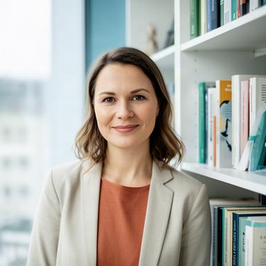 Finanšu konsultante pie grāmatu plaukta gaišā Salaspils birojā