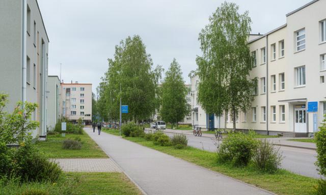 Miera ielas apkārtne Salaspilī ar ietvi un mierīgu pilsētas apbūvi